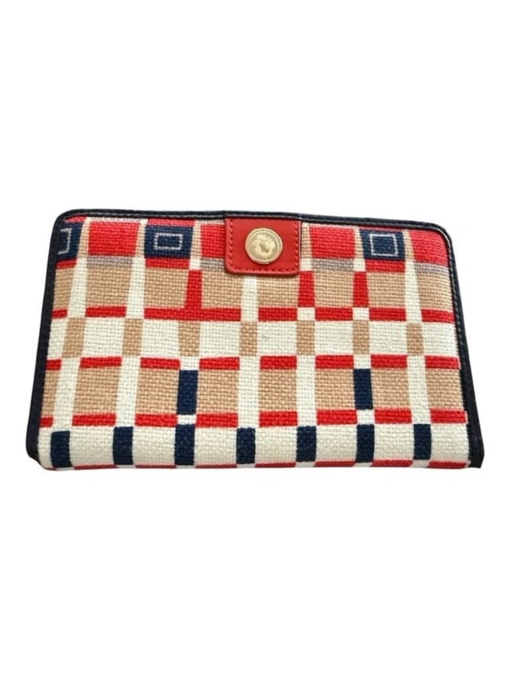 Spartina 449 Navy Red Beige Plaid Linen Leather Wallet Travel Clutch Passport